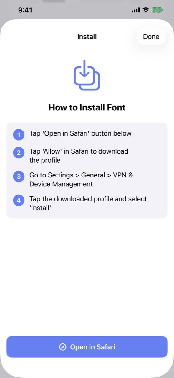 How to Install Font screen with four steps and an Open in Safari button