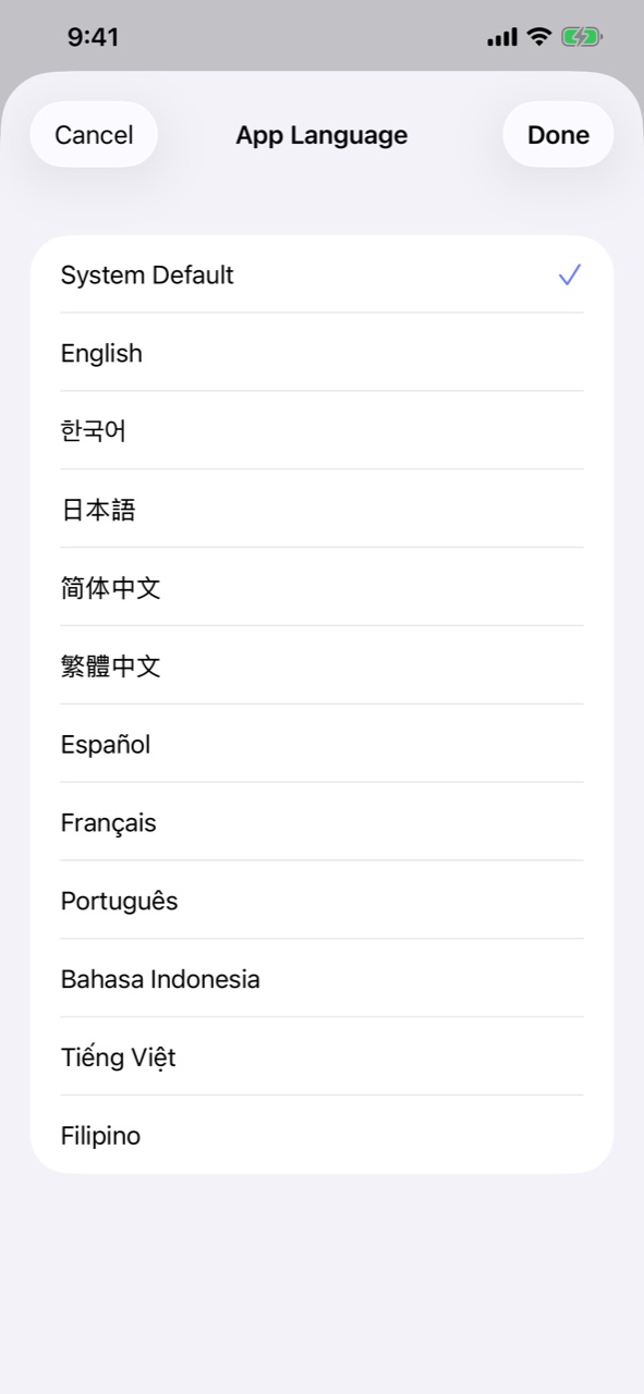 App language picker listing System Default and 11 languages