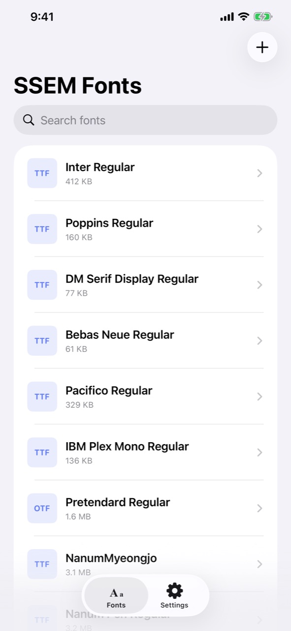 SSEM Fonts font list: bundled fonts such as Inter, Poppins, and DM Serif Display listed with their names and file sizes, with a search field at the top