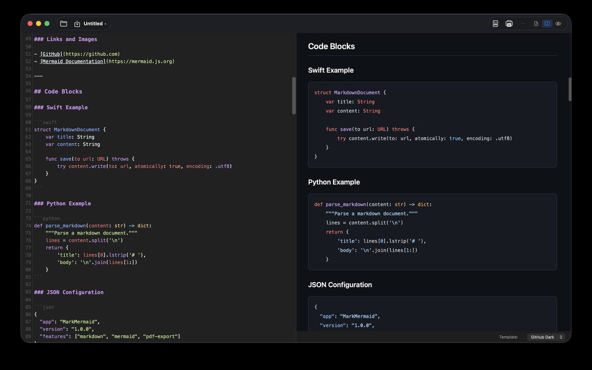 Swift, Python, JSON 코드 블록이 색으로 구분되어 보이는 미리보기