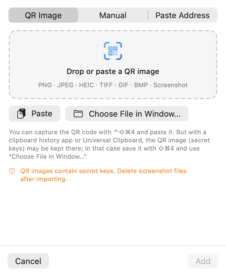 Add Account screen with QR Image, Paste Address and Manual tabs