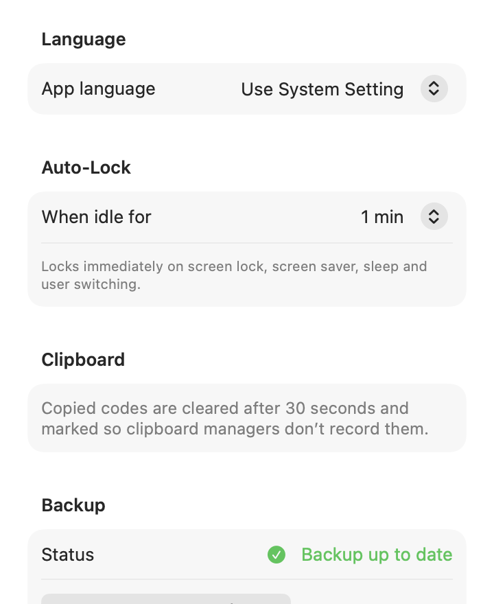 Settings screen with app language, auto-lock time, clipboard and backup status