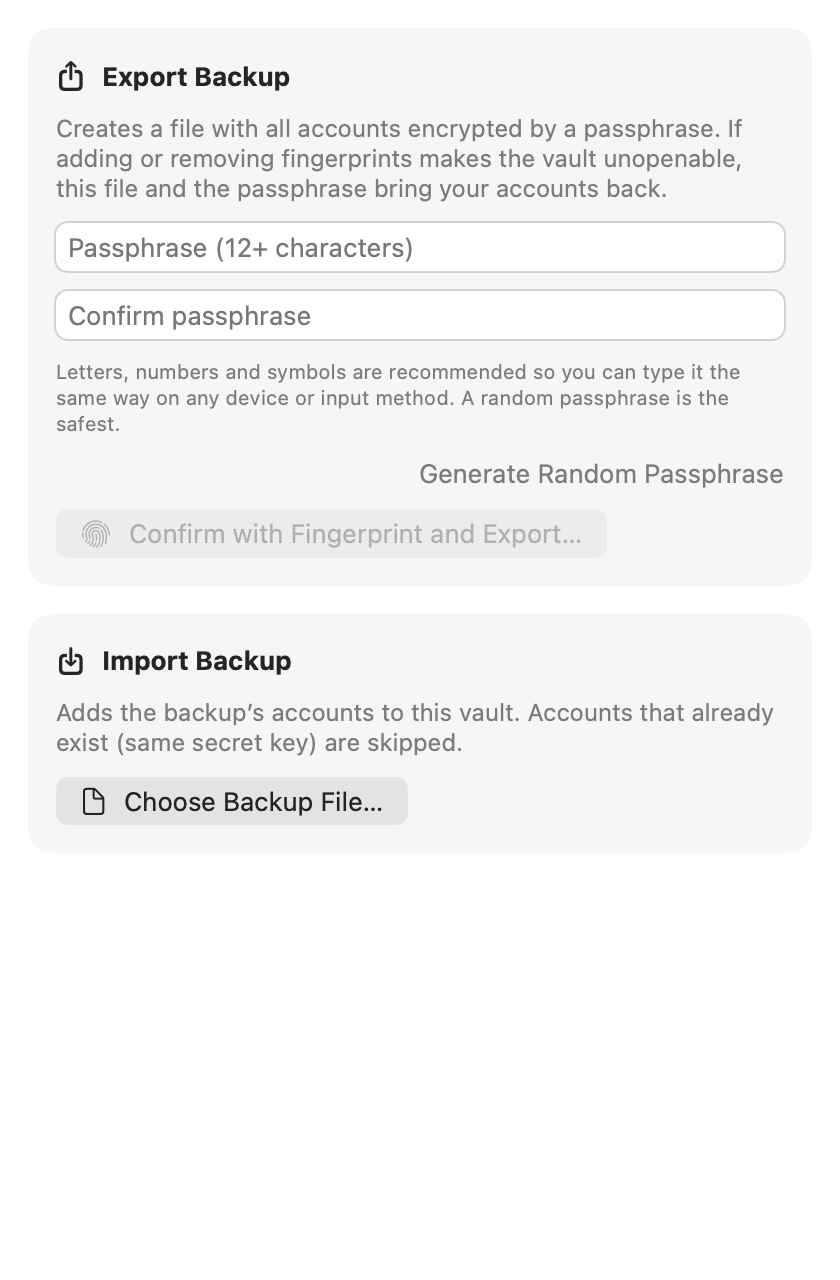 Backup screen with Generate Random Passphrase and Confirm with Fingerprint and Export