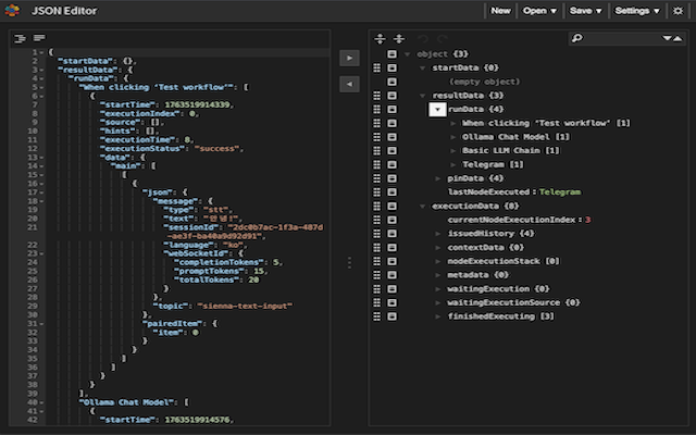 JSON Editor in dark mode: indented JSON in the code view on the left, collapsible objects and arrays in the tree view on the right