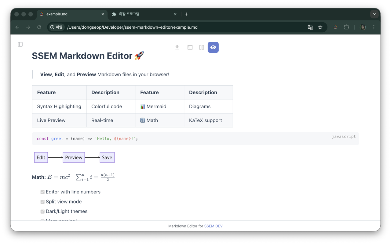 Viewer mode: a rendered document with a table, code, a diagram, math and a task list