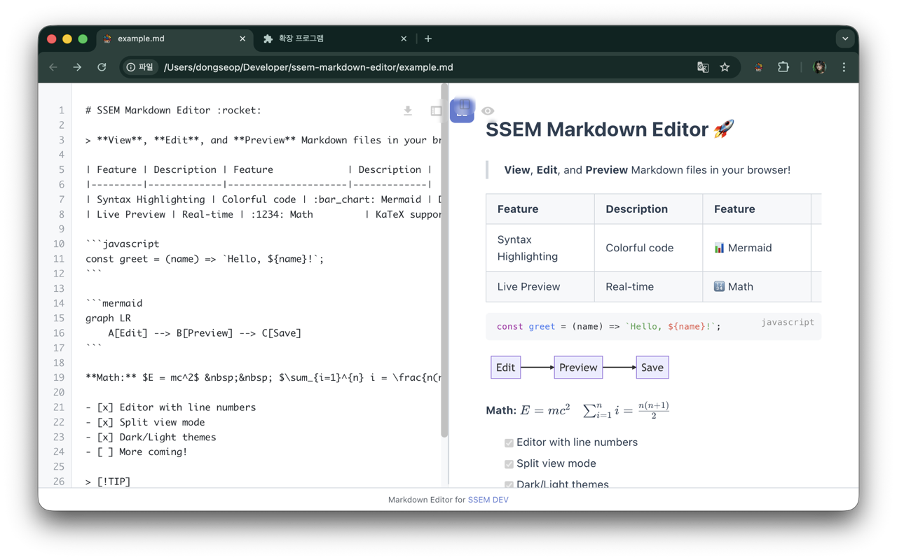 Split view: Markdown source in the editor on the left, rendered table, code, Mermaid diagram and math on the right