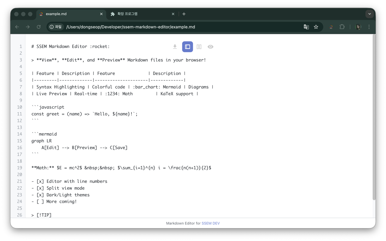 Editor mode: Markdown source with line numbers